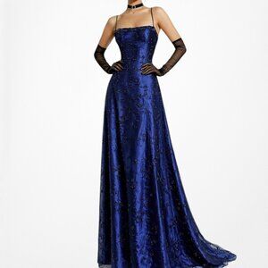 Vintage Y2K 90s Blue Black Mesh Velvet Beaded Flared Maxi Prom Dress Size M